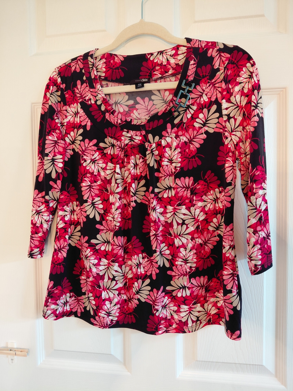 East 5th Black Floral Scoop Neck Top with Pink & Cream Flowers